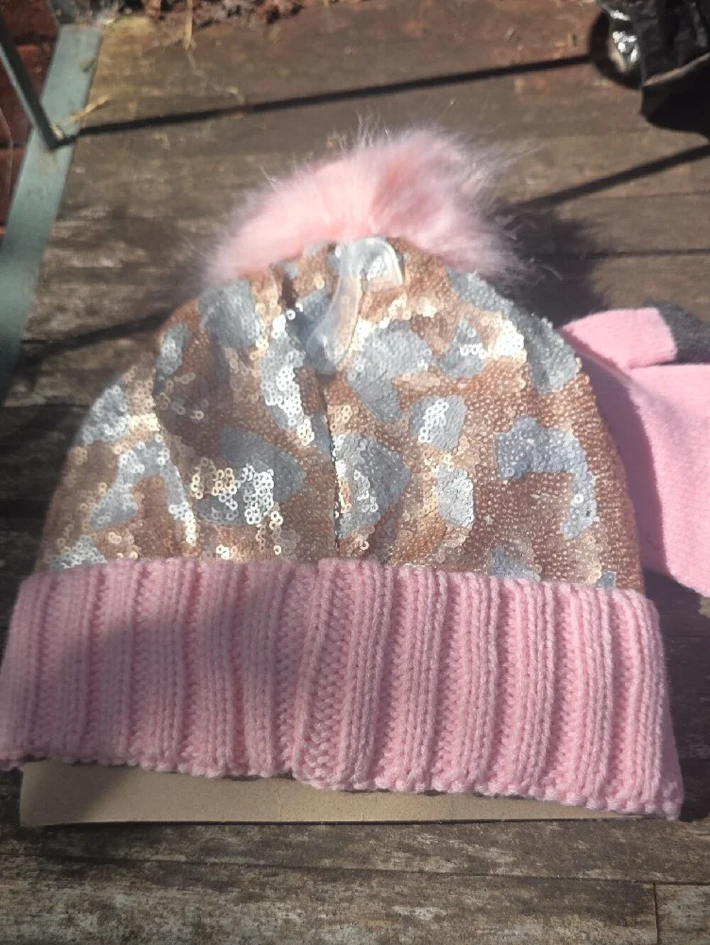 Justice Girls Pink Sequin Pom Beanie & Gloves Winter Set